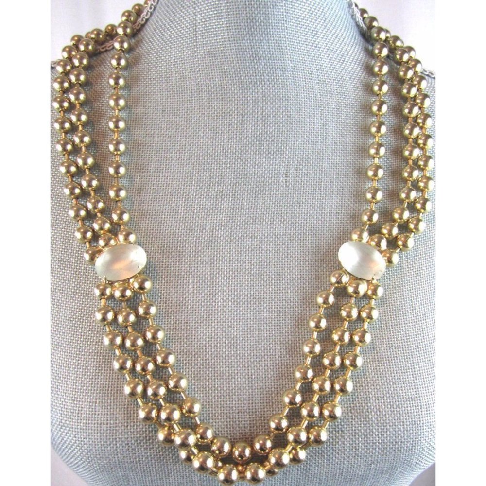 Vintage Statement Necklace Belt Goldtone Glass Cabochon Triple strand Metal